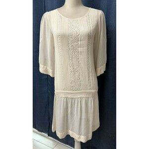 Agnes B Slightly Sheer Silk Drop Waist Romantic Pleated Women's Cream Dress 36 S